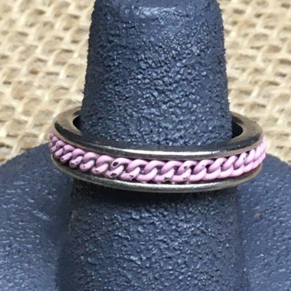 Silver Ring Size 6 As Is Pink Enamel Rope Retro BoHo - Picture 1 of 5